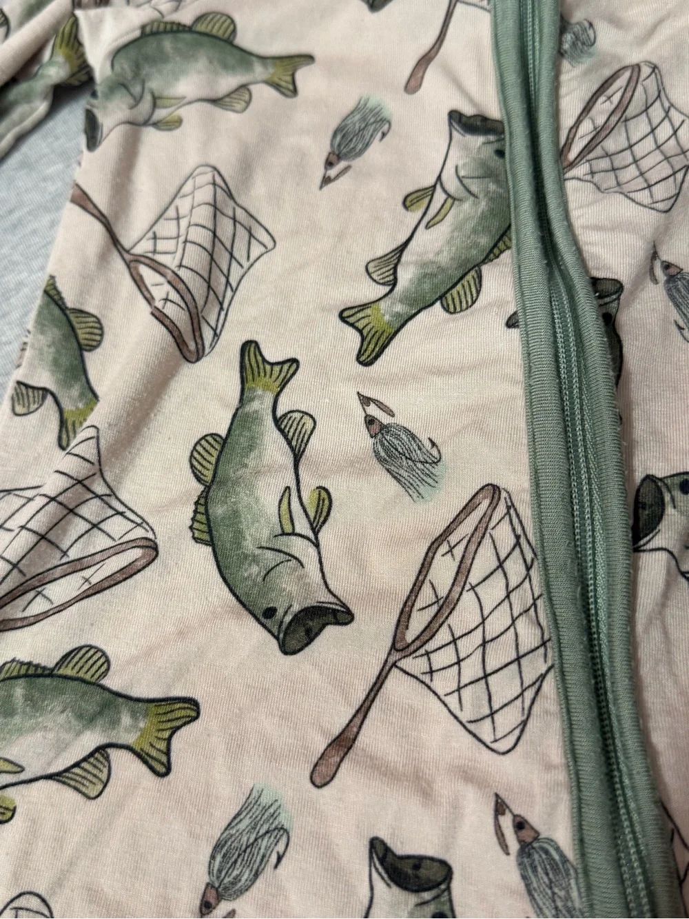 Caden Lane Beige Footie with Green Fish Print